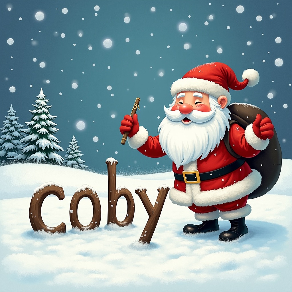 This image features a jolly Santa Claus character. He stands in a snowy landscape, holding a stick in his hand. The background has gentle snowfall, creating a magical atmosphere. In front of him, the name 'Coby' is spelled out using sticks. The scene evokes a sense of joy and holiday spirit. Santa's cheerful expression adds to the warmth of the illustration.