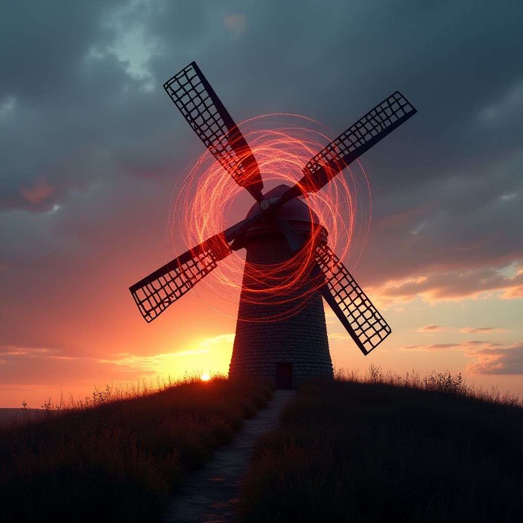 A windmill silhouetted against a vibrant sunset with dynamic, glowing circular light trails around its blades.