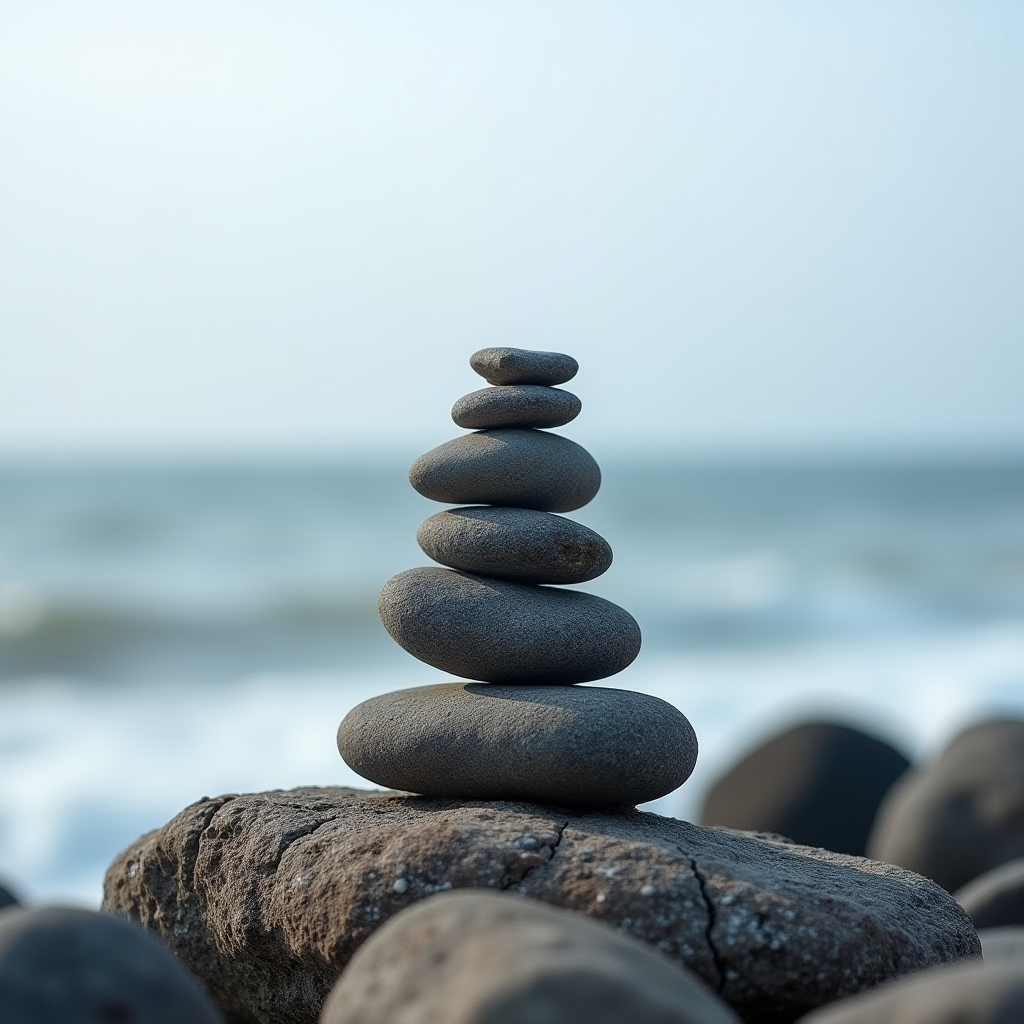 A stack of smooth, rounded stones balances delicately on a large rock by the seaside, with the ocean waves softly blurred in the background.