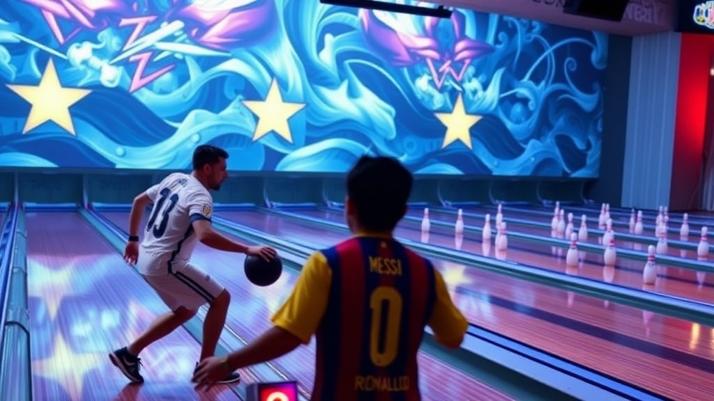 Two individuals in soccer jerseys bowling in a vibrant, colorful alley with an artistic backdrop.