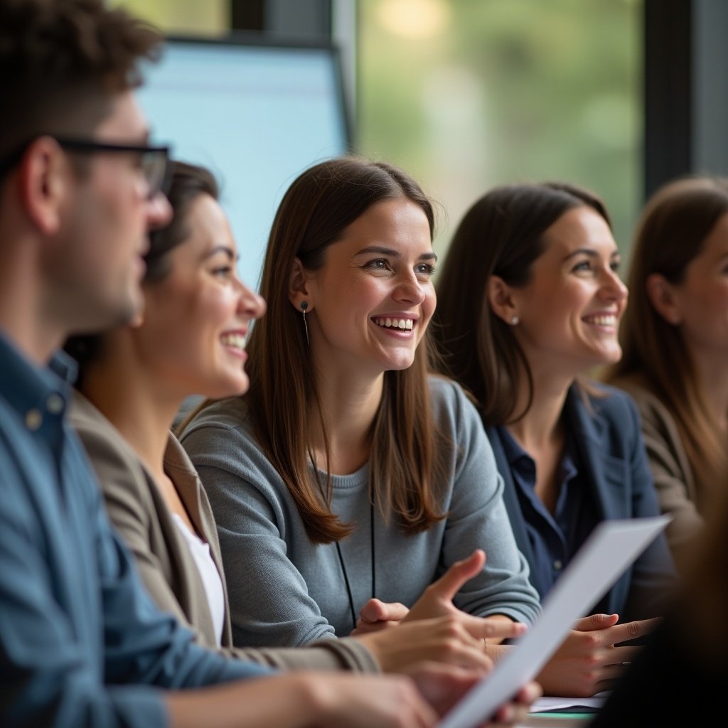 A diverse group of professionals sits around a conference table, all smiling and engaged in discussion. They are capturing the essence of teamwork and cooperation, radiating confidence and positivity. The backdrop features subtle elements that fade into the scene, ensuring the main focus remains on the group. Bright, natural light fills the space, creating a welcoming atmosphere. This image perfectly embodies a productive and collaborative work environment, showcasing the importance of teamwork in a corporate setting.