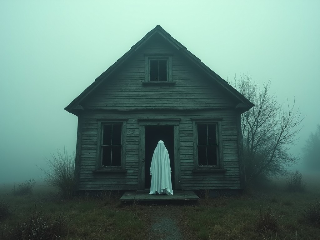 A ghostly figure draped in a white sheet stands eerily at the entrance of an old, weathered wooden house. The environment is shrouded in thick fog, which enhances the image's mysterious and haunting atmosphere. The barren trees and overgrown grass add to the desolate and eerie setting, suggesting an abandoned and forgotten place.