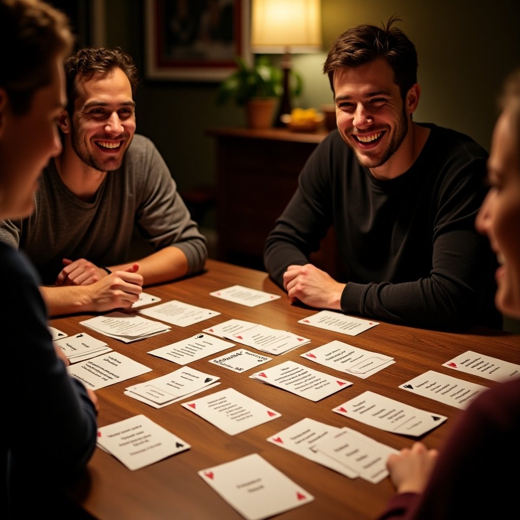 The image showcases a vibrant game night atmosphere with a group of friends enjoying each other's company. They are gathered around a wooden table strewn with various cards from a popular game. Laughter and smiles light up their faces, indicating a fun and engaging moment. The soft, warm lighting in the room adds to the cozy vibe, inviting viewers to join them. This scene perfectly encapsulates the joy of social gatherings and the thrill of card games. The interaction among the friends highlights the importance of camaraderie in leisure activities.