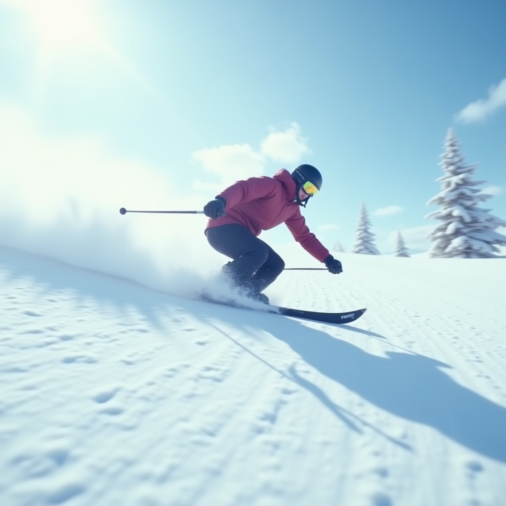 A skier carving through fresh snow under a clear blue sky.