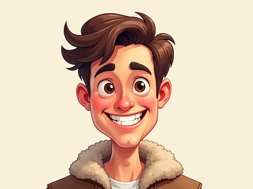 A cartoon-style caricature of a man with a playful expression. He has slightly exaggerated facial features, like a big smile and prominent cheekbones. His hair is wavy and styled in a lighthearted manner. He wears a casual jacket with a cozy collar, and the background is a soft, light color that adds to the fun vibe. Overall, the illustration has a humorous and cheerful tone.