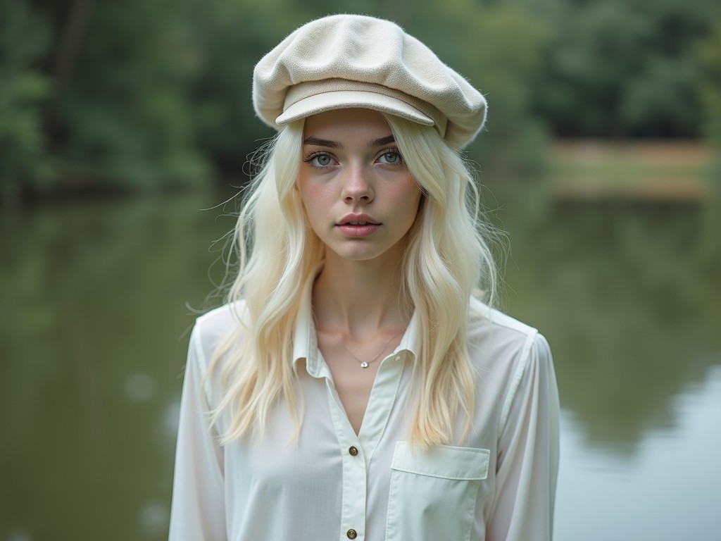 A young woman with long blonde hair and a beret stands in front of a calm river.