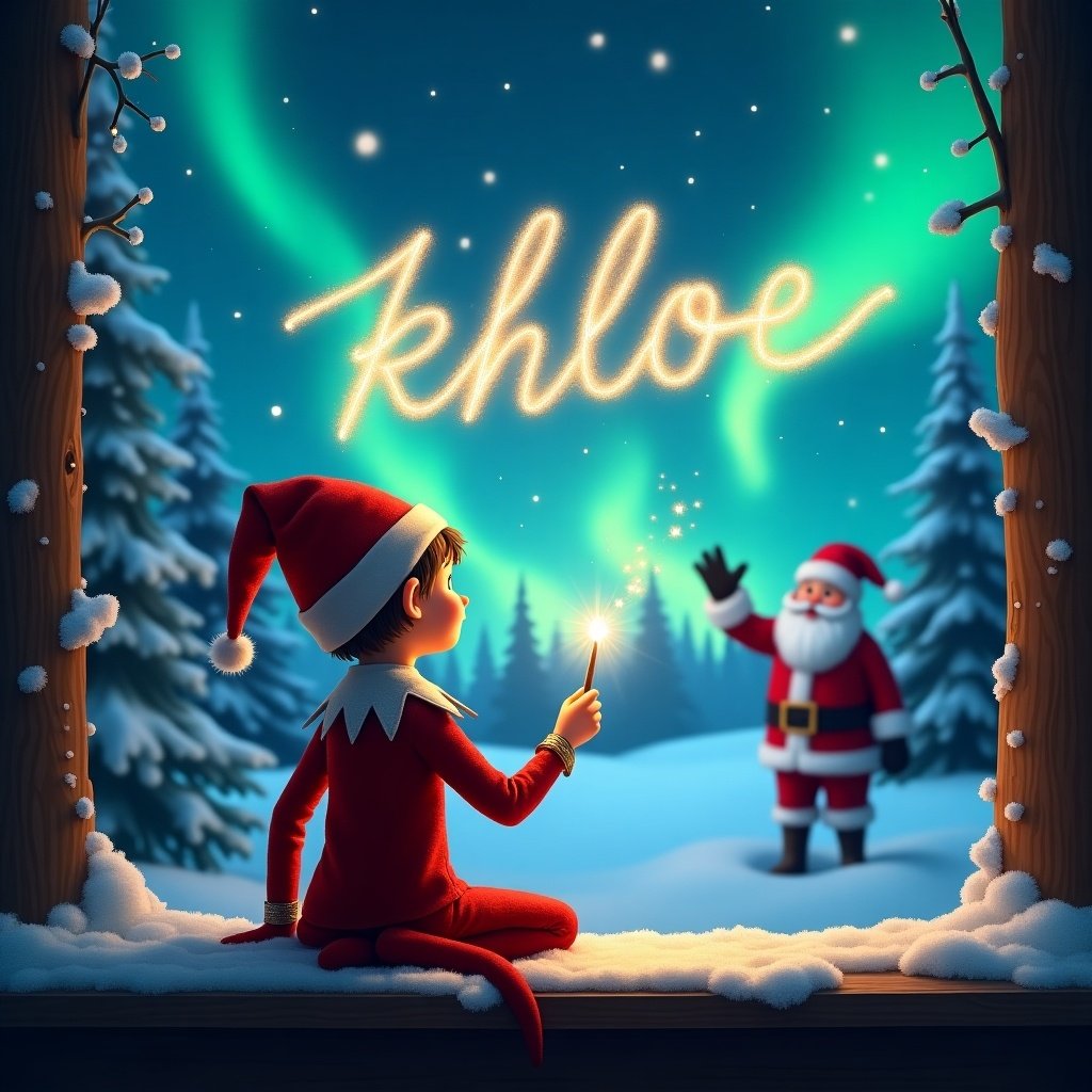 An adorable elf on the shelf sits facing a captivating night sky, back to the viewer. He holds a magical wand and writes 'khloe' in sparkly letters. The background features stunning northern lights that illuminate the snowy landscape. Santa Claus waves cheerily in the distance, enhancing the holiday spirit. Surrounding snow-covered trees frame the cozy, enchanting scene, perfect for the Christmas season.