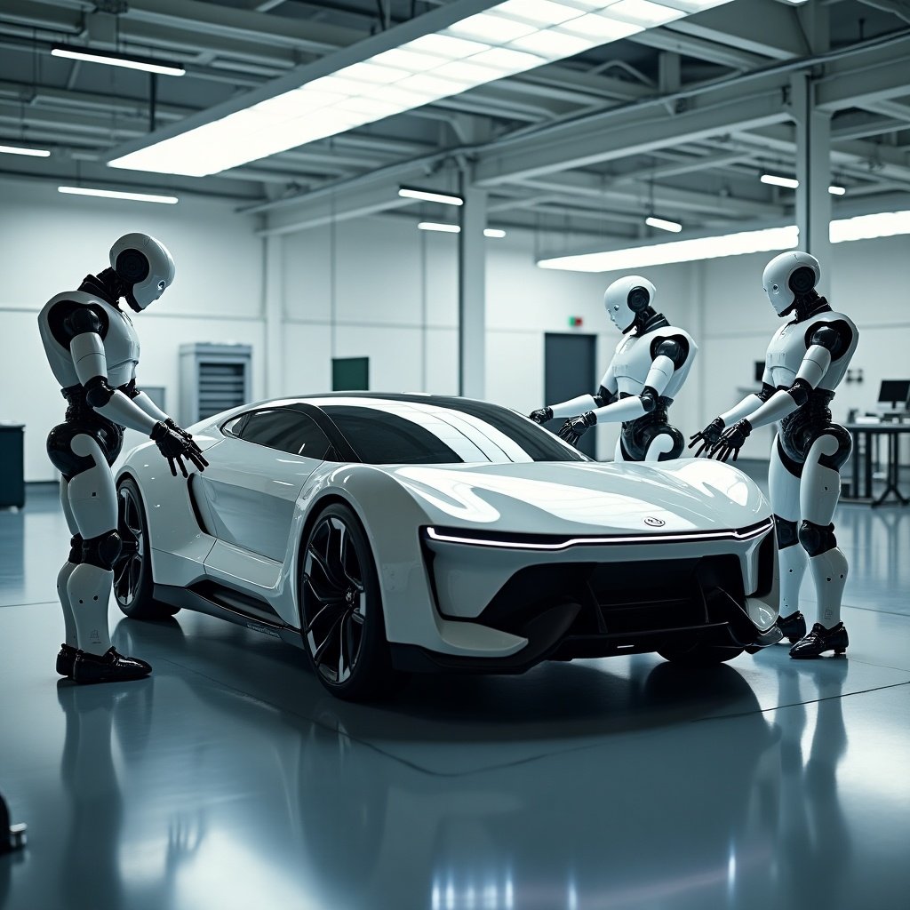 A team of humanoid robots diligently assembling a modern, futuristic car. The robots are positioned around the vehicle, showcasing advanced design and technology. The car has a sleek body with cutting-edge features. The environment is an advanced facility with a clean, high-tech look. This scene embodies the integration of robotics and the automotive industry.