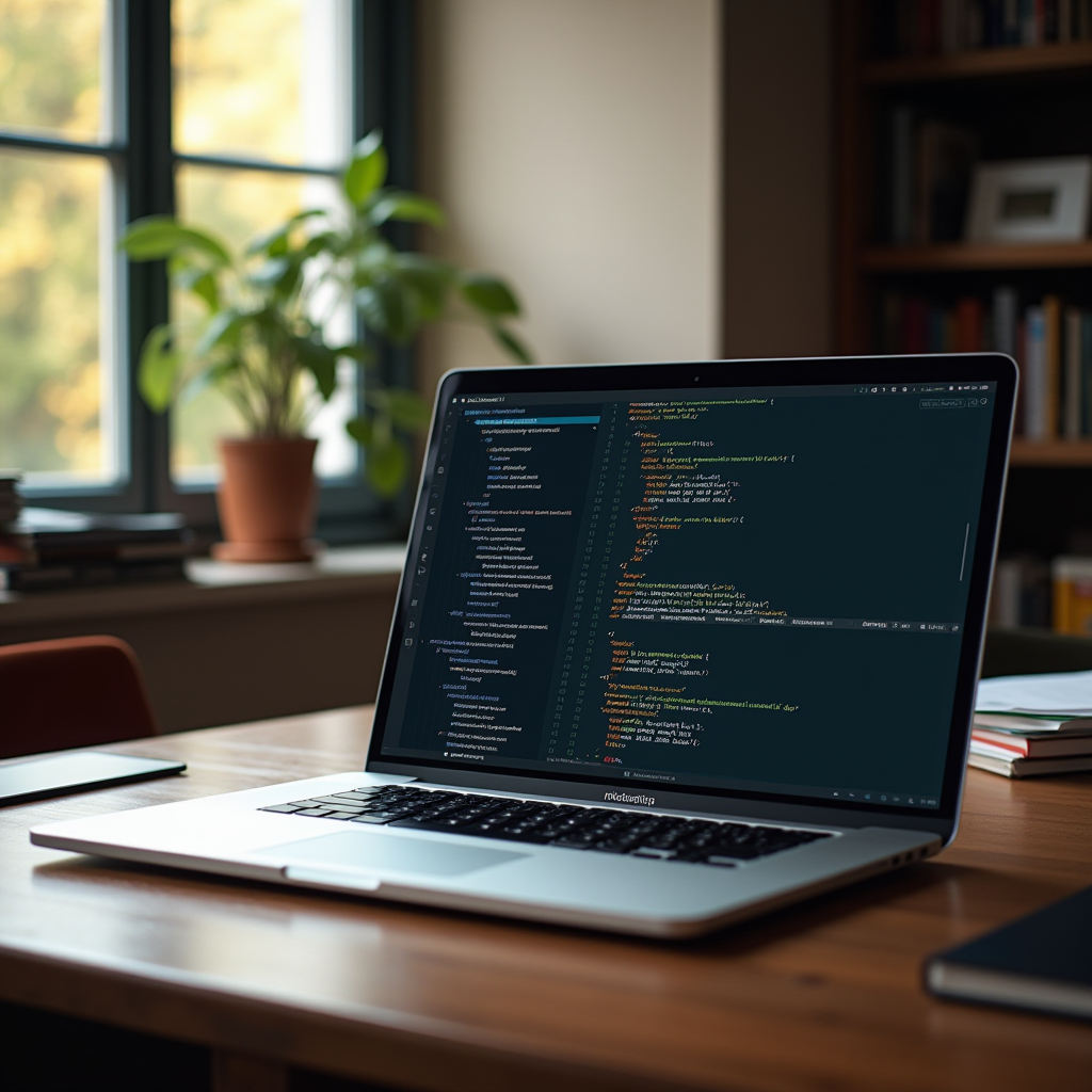 A laptop displaying coding software on a wooden desk with a plant by the window.