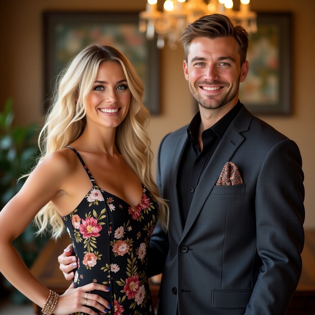 The image features a stylish couple posing together, exuding confidence and charm. The woman wears a floral dress that complements her long, flowing hair and radiant smile. The man, dressed in a sharp suit, stands closely beside her, also smiling widely. They appear to be at a sophisticated venue, indicated by the elegant decor in the background. The warm, soft lighting enhances their features and creates a romantic vibe. This image showcases modern elegance and charm in a relationship context.