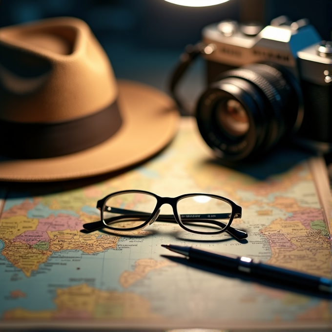 An arrangement of a fedora, eyeglasses, a pen, and a vintage camera on a colorful world map, suggesting a theme of travel and adventure.