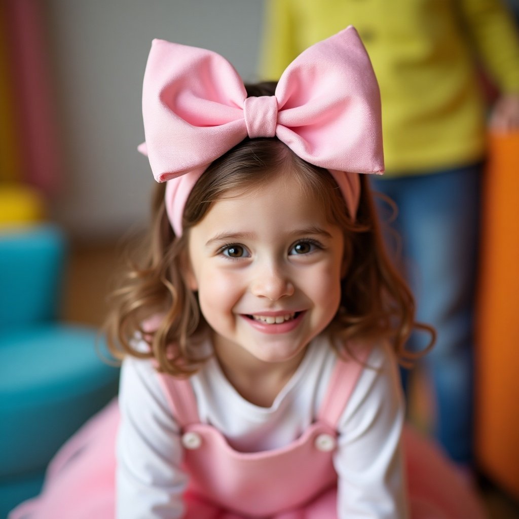 A young girl wearing a large pink bow smiles brightly, sitting in a playful, colorful environment. She has curly hair and is dressed in a pink outfit. The background features vibrant furniture in bright colors. The lighting is cheerful, contributing to the joyful atmosphere. This portrait captures the essence of childhood play and happiness.