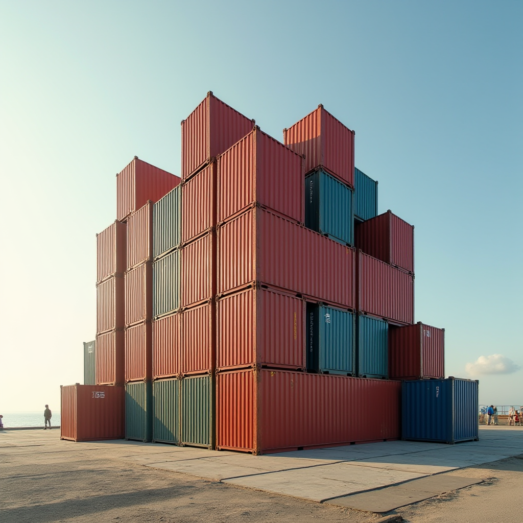 A stack of colorful shipping containers arranged like a puzzle under a clear sky.