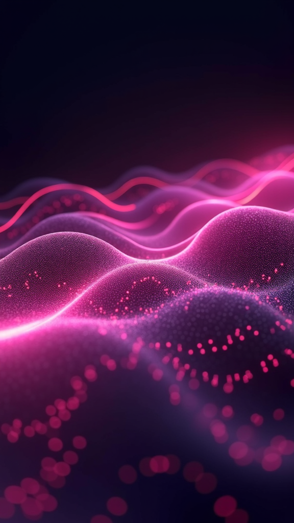 A vibrant and abstract scene featuring luminous pink and purple waves composed of glowing dots against a dark background.