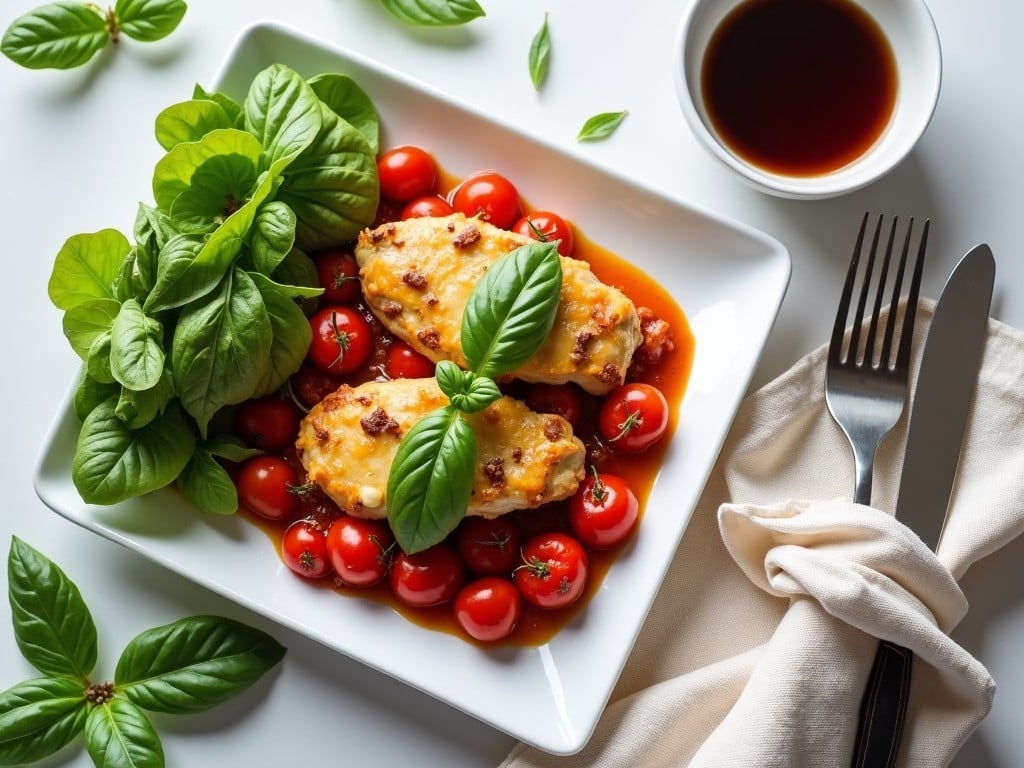 The image shows a delicious Italian-inspired dish served in a white rectangular plate. The dish features pieces of chicken topped with melted cheese and garnished with fresh basil leaves. Surrounding the chicken is a vibrant mix of cherry tomatoes in sauce. On one side of the plate, there is a salad made of fresh greens. The setting includes a fork, a knife wrapped in a napkin, and a bowl with a dark liquid, possibly balsamic vinegar or a similar dressing. The table is adorned with scattered basil leaves, adding a fresh touch.