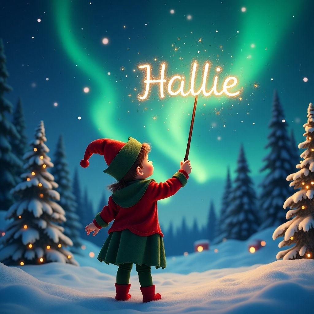 A child dressed as an elf stands with their back to the viewer, gazing up at the night sky. They hold a wand, using it to create the name Hallie in the air, surrounded by sparkles. The scene is set in a winter landscape, featuring snow-covered trees and twinkling lights. The sky is illuminated by beautiful northern lights, creating a magical atmosphere. The entire composition exudes a cheerful and festive vibe, perfect for the holiday season.