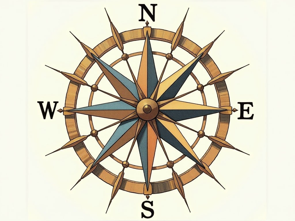 This image represents a classic compass rose, commonly used in navigation and maps. It features eight points: North, Northeast, East, Southeast, South, Southwest, West, and Northwest. The design is embellished with a combination of color and detail, highlighting the geographical directions. The compass emphasizes its significance in travel and exploration, serving as a guide to adventurers. The intricate design and choice of colors give it an artistic and historical feel.