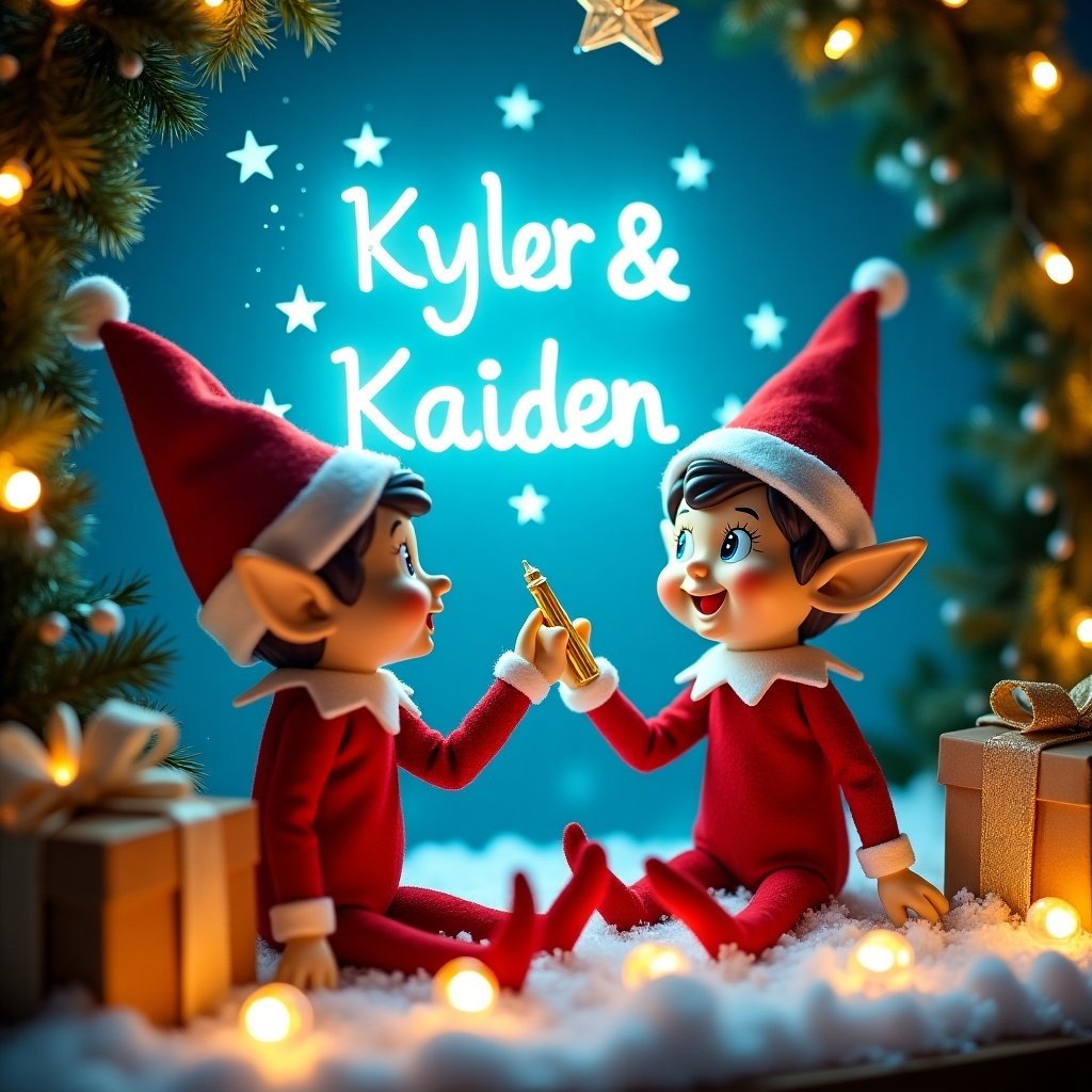 This image captures a whimsical Christmas scene featuring two elves on the shelf. They are joyfully writing the names 'Kyler' and 'Kaiden' in a neon blue sky using golden pens. The scene is set with a snowy ground that enhances the festive mood. Christmas lights twinkle around them, along with a beautiful wreath and a neatly wrapped gift box. The elves are dressed in cheerful red outfits with matching hats, radiating warmth and joy in this holiday atmosphere.