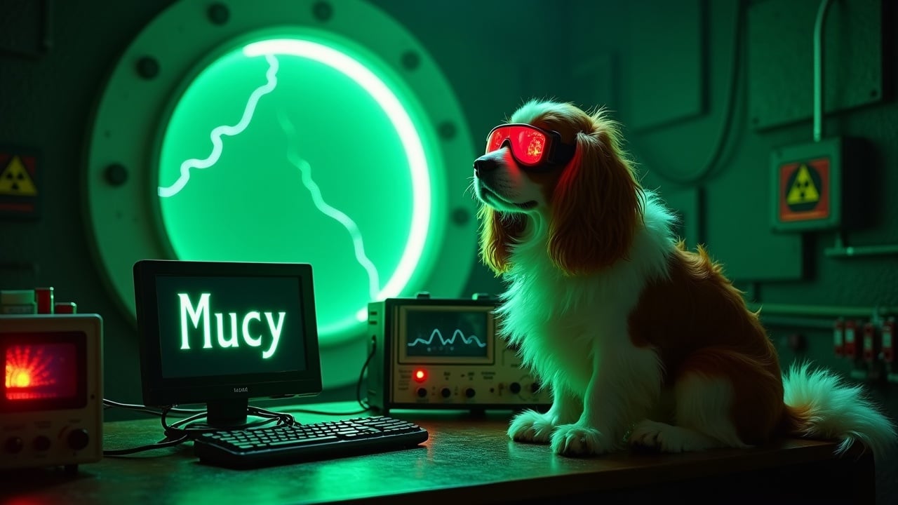 In a dark and eerie bunker, a fluffy Cavalier King Charles Spaniel is sitting next to a glowing green portal to another dimension. The dog is wearing red welding goggles. Next to the dog, there are oscilloscopes and geiger counters displaying signals. Multiple lightning bolts light up the scene, adding to the eerie scientific atmosphere, while highlighting the dog's expressive face. This image perfectly blends the themes of technology, scientific discovery and pet companionship. On a computer screen, we see the text 'Mucy', clearly written, in a glowing green font.