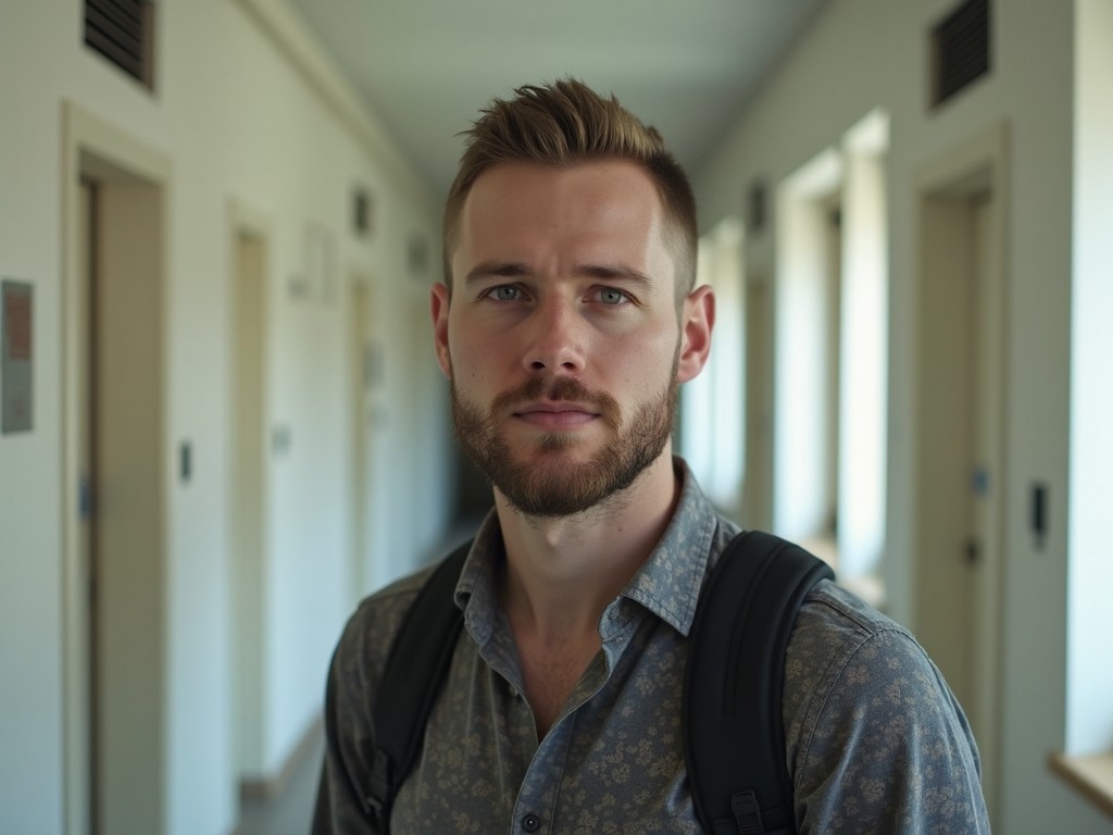 A person is standing in a hallway with white walls and several closed doors. They have short hair and a beard, and are wearing a patterned shirt with a backpack. The lighting is soft, casting a mild shadow on the walls. The environment appears to be indoors, possibly in a residential or institutional building. The doors have vents above them, suggesting they are part of older architecture.