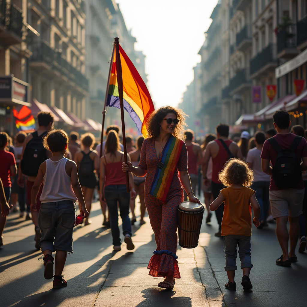 A woman in a colorful outfit leads a lively parade, carrying a rainbow flag and a drum, surrounded by a crowd on a sunlit street.