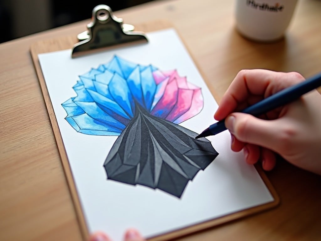 A hand is skillfully coloring a geometric abstract design on a clipboard. The design features swirling shapes in blue and pink, resembling soft clouds. The lower part showcases structured black geometric patterns like folded paper. This image highlights the contrast between fluid colors and sharp forms. It conveys a sense of artistic creation and the blending of styles.