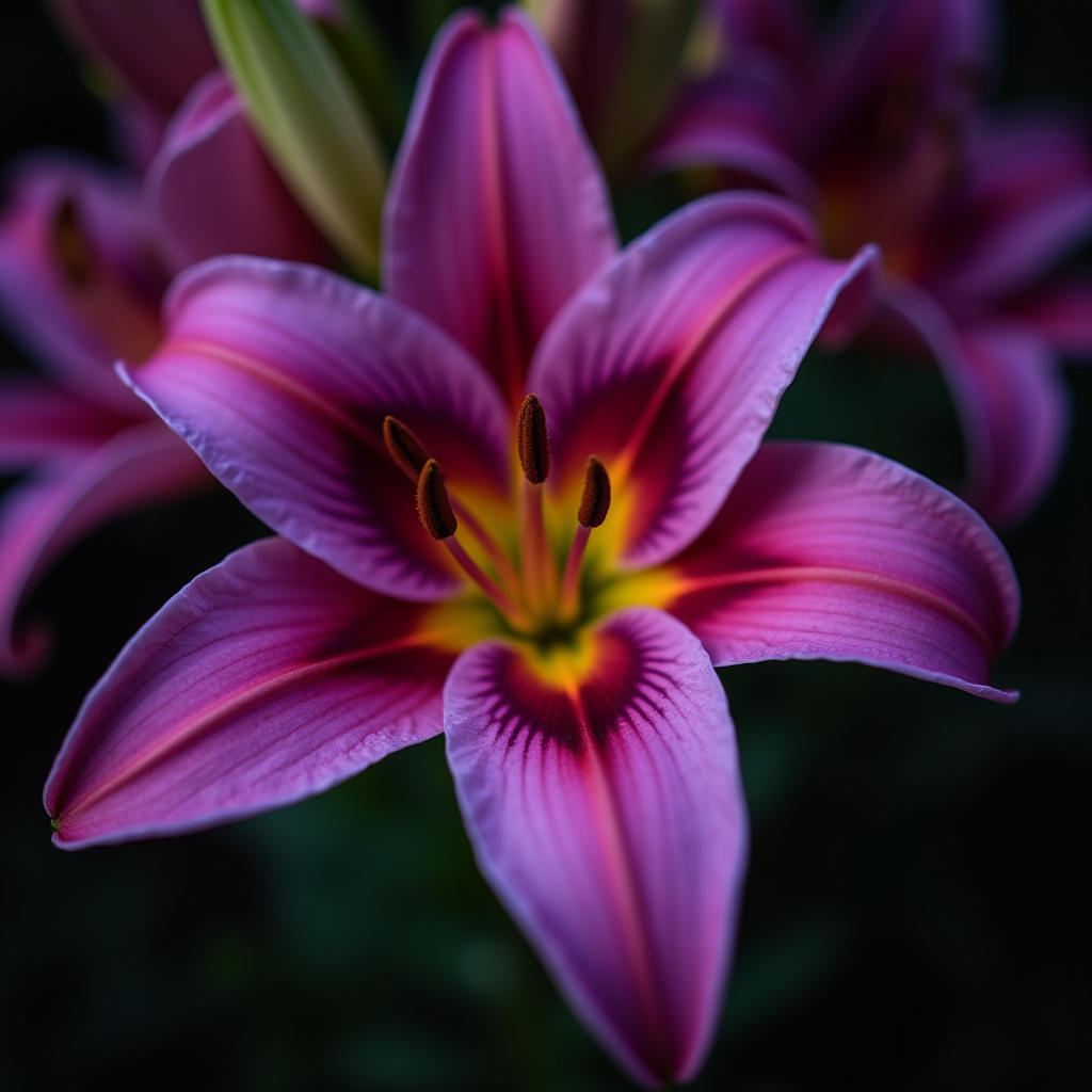 A vivid close-up of a pink and purple lily with a contrasting yellow center and dark stamens.