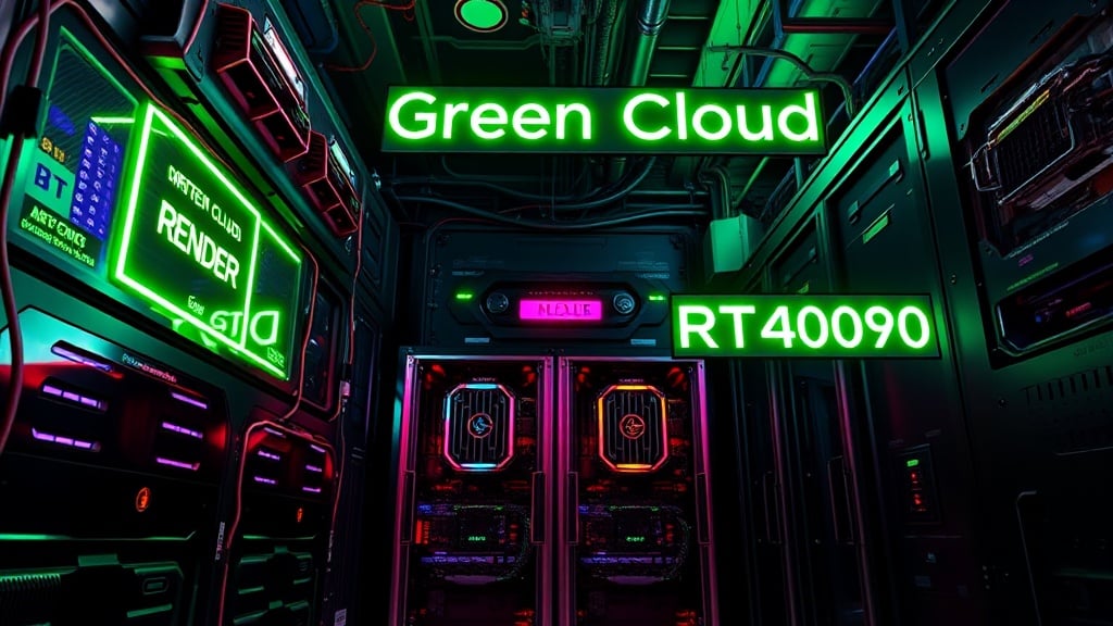 The image depicts a high-tech, futuristic data center bathed in vibrant neon green and red lighting. The words 'Green Cloud' and 'RT40090' are prominently illuminated, suggesting advanced computational or networking capabilities. The environment is dense with intricate wires and control panels, creating an atmosphere of high connectivity and digital sophistication.