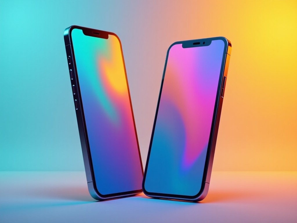 The image features two sleek smartphones positioned facing each other. They have reflective screens displaying a colorful gradient of blue, orange, pink, and purple. The background is softly lit, enhancing the modern aesthetic of the phones. This artistic representation emphasizes the fusion of technology and design. It is suitable for promotional materials related to mobile technology or electronic products.