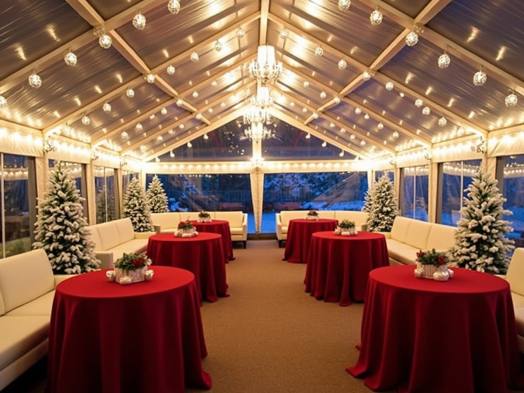 A beautifully decorated event space is shown, perfect for a winter celebration. The room is illuminated by warm string lights and luxurious chandeliers, creating an inviting atmosphere. Red tablecloths cover round tables, each adorned with floral centerpieces. Flanking the sides of the room are elegant Christmas trees, adding a festive touch. The overall setting is cozy and elegant, suitable for weddings or holiday parties.