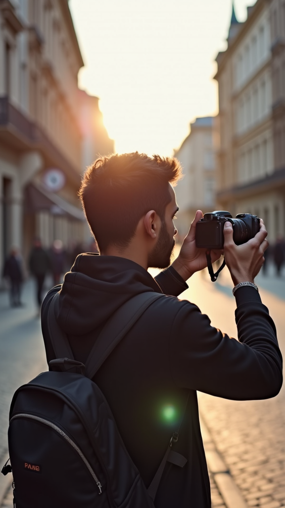 A young person with a backpack focuses on photographing a scenic cobblestone street at sunset.