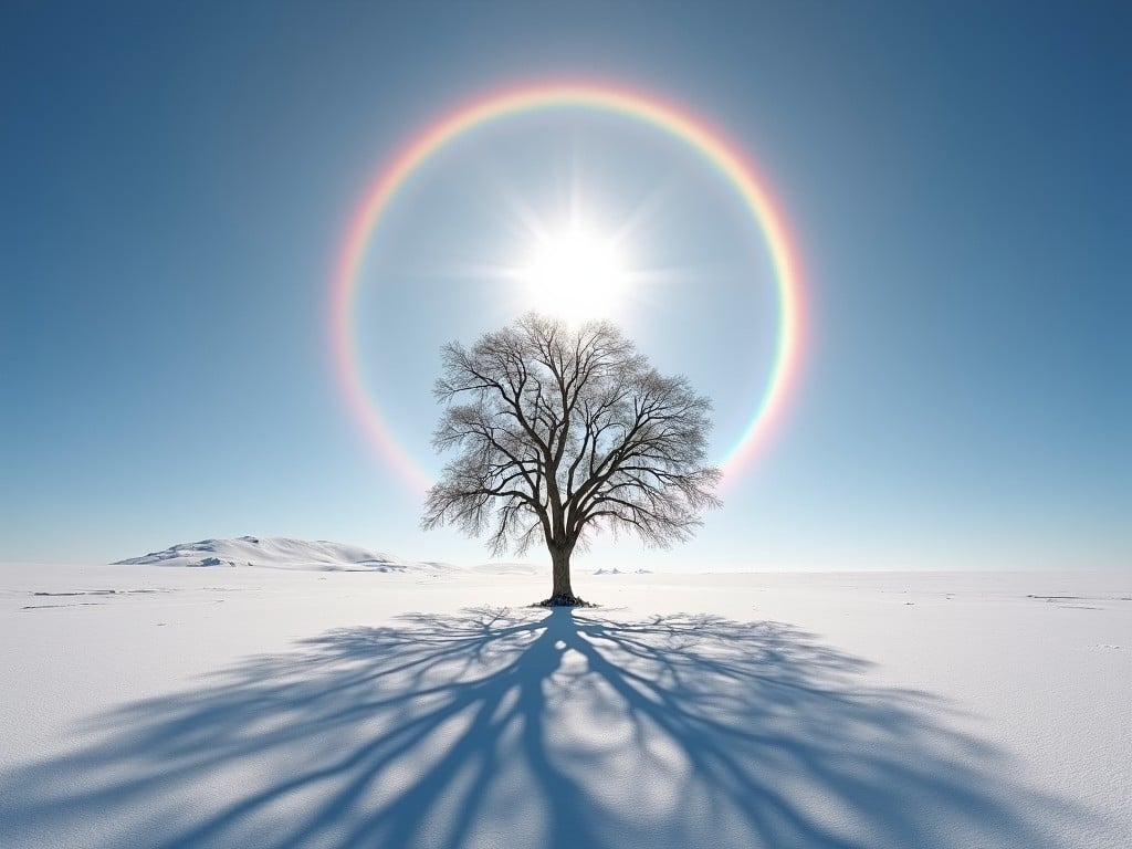 This serene image captures a lone tree standing gracefully in a vast, snowy landscape under a clear blue sky. The sun is positioned directly above, surrounded by a captivating circular halo, casting a striking shadow of the tree across the snow. The scene evokes a sense of solitude and tranquility, enhanced by the stark contrast between the brightness of the sun and the soft, white snow.