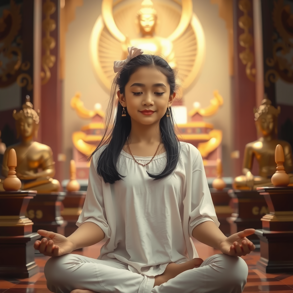 A young girl peacefully meditates in a tranquil temple setting surrounded by serene statues.