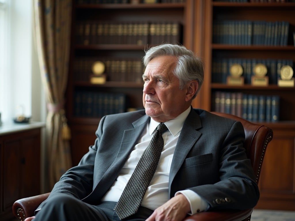 An older man, dressed in a formal suit and tie, sits thoughtfully in a luxurious office setting. His expression reflects deep contemplation. The background features a well-stocked library, giving it a classic and professional atmosphere. Natural light illuminates the scene softly, enhancing the elegant ambiance. This setting suggests a connection to finance and leadership, embodying wisdom and experience in the business world.