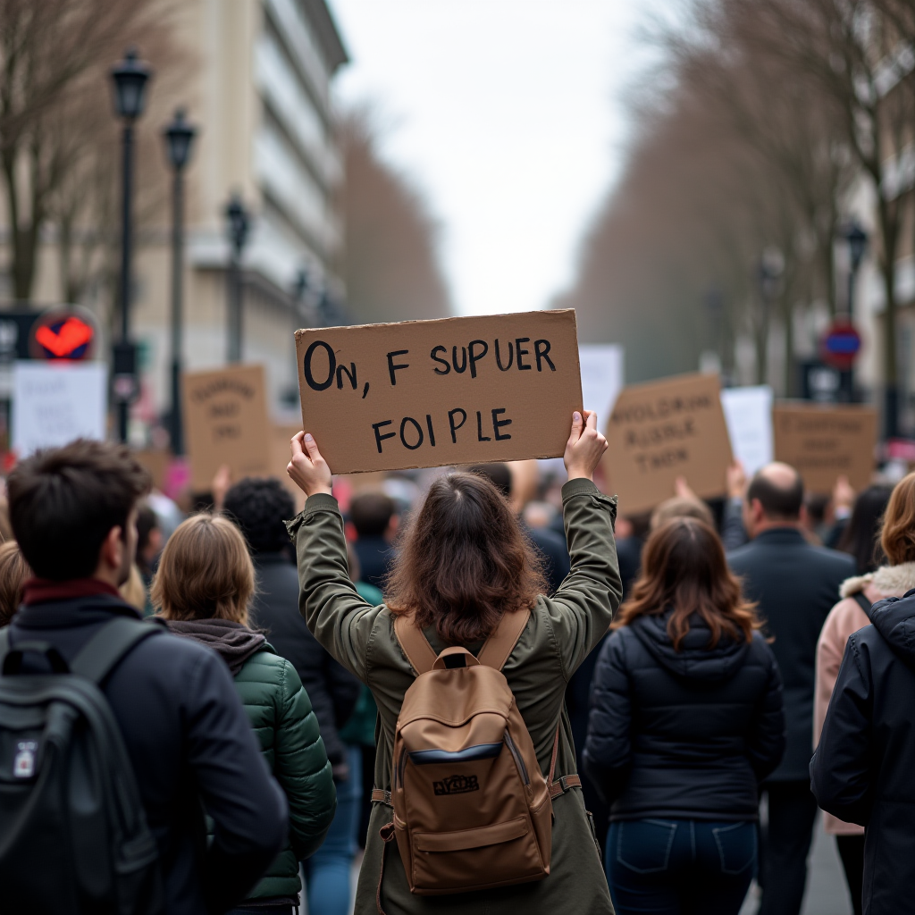 A crowd of people march down a street holding protest signs.