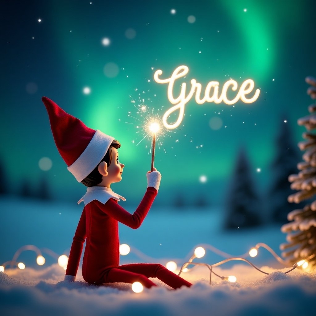 The image features a charming Elf on the Shelf character with its back to the viewer, attentively facing a magical sky. The elf is using a wand to elegantly inscribe the name 'Grace' in the sky. In the background, a dazzling display of northern lights illuminates the scene, enhancing the festive spirit. Scattered twinkling lights add to the cozy atmosphere of the setting. This enchanting depiction captures the essence of holiday joy and wonder, perfect for Christmas-themed visuals.