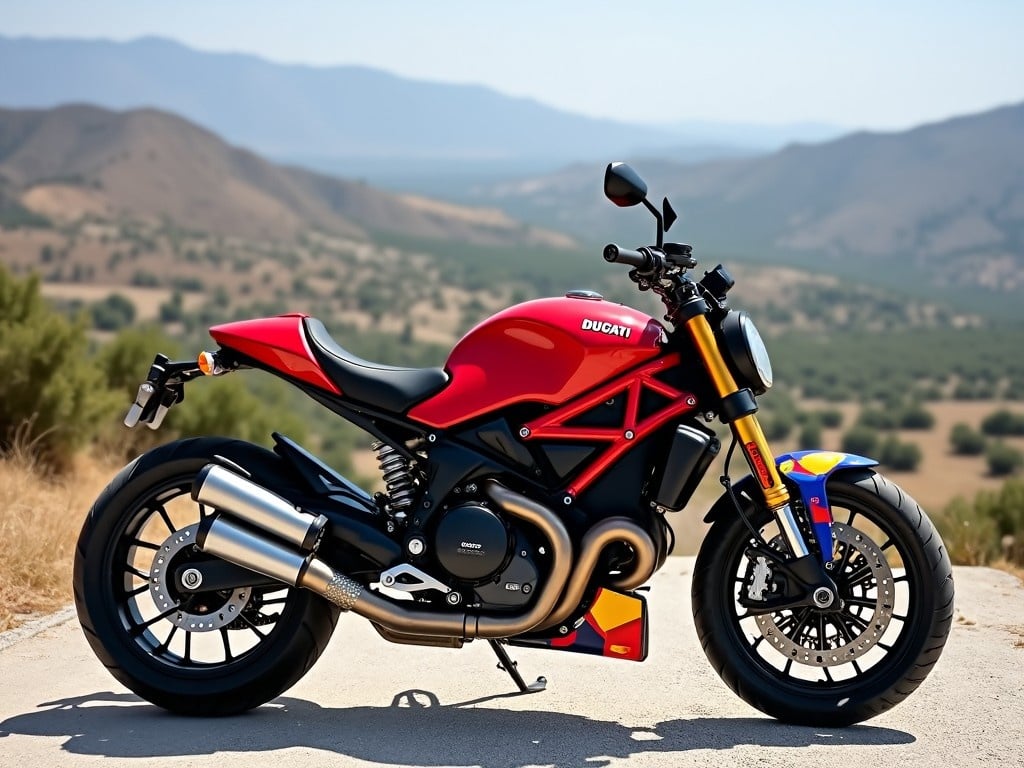 The image features a stunning Ducati motorcycle parked on an open road. The bike is in vibrant red and black, showcasing its sleek design and modern features. In the background, the serene hills of Cyprus stretch into the distance under a clear blue sky. This setting highlights the beauty of riding in such picturesque locations. The motorcycle stands as a symbol of freedom and adventure, appealing to both enthusiasts and casual observers.