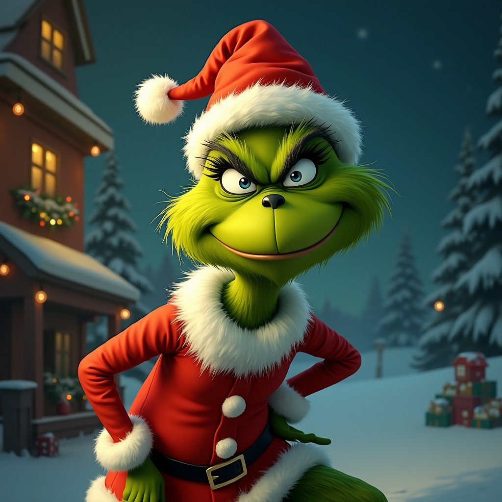 The Grinch, a well-known character from Dr. Seuss's story, is portrayed wearing a classic Santa outfit. His green skin and mischievous smile show his playful nature. The background features a snowy landscape with a cozy house adorned with festive decorations. There are hints of Christmas with wrapped gifts and a peaceful winter atmosphere. This character embodies the spirit of the holidays while also bringing a sense of fun and mischief.