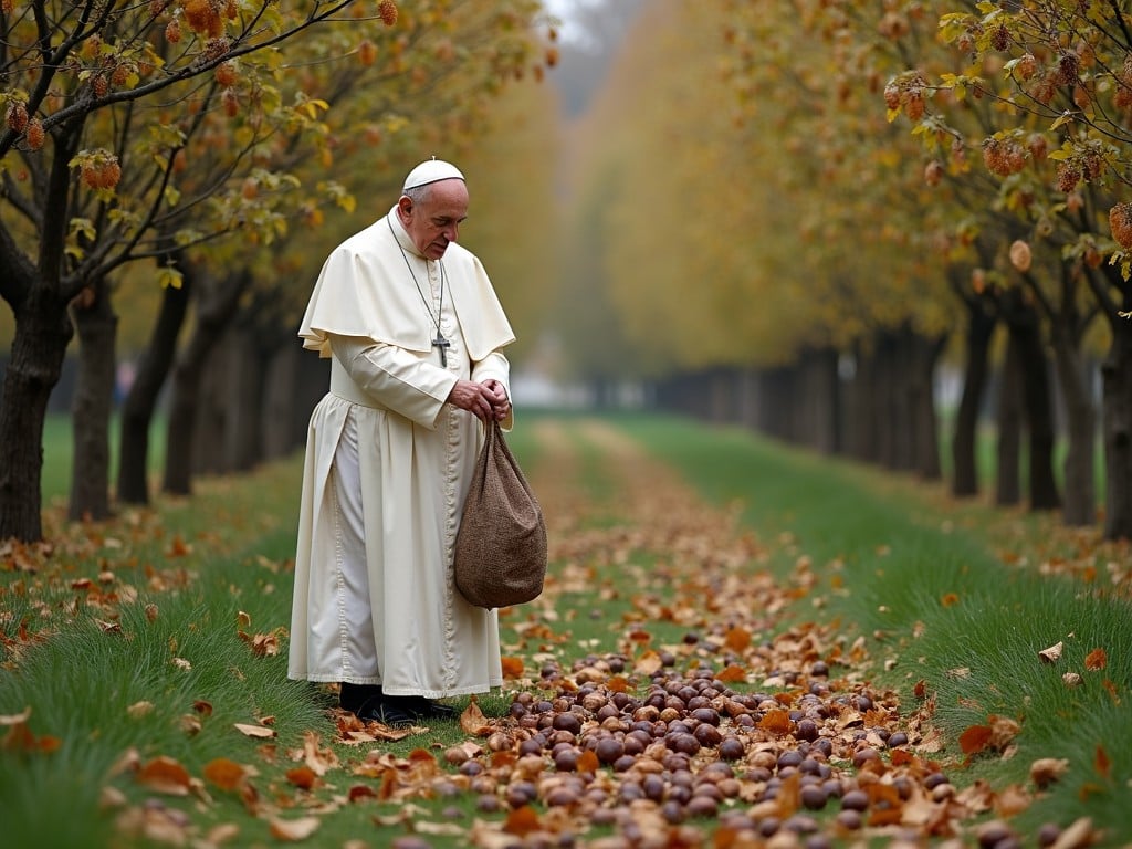 In this serene autumn scene, a clerical figure dressed in traditional religious garb collects fallen chestnuts from a lush, tree-lined path. The air is thick with tranquility, as golden leaves flutter down from the trees, blanketing the ground. The soft light filters through the misty atmosphere, creating a peaceful and contemplative mood.