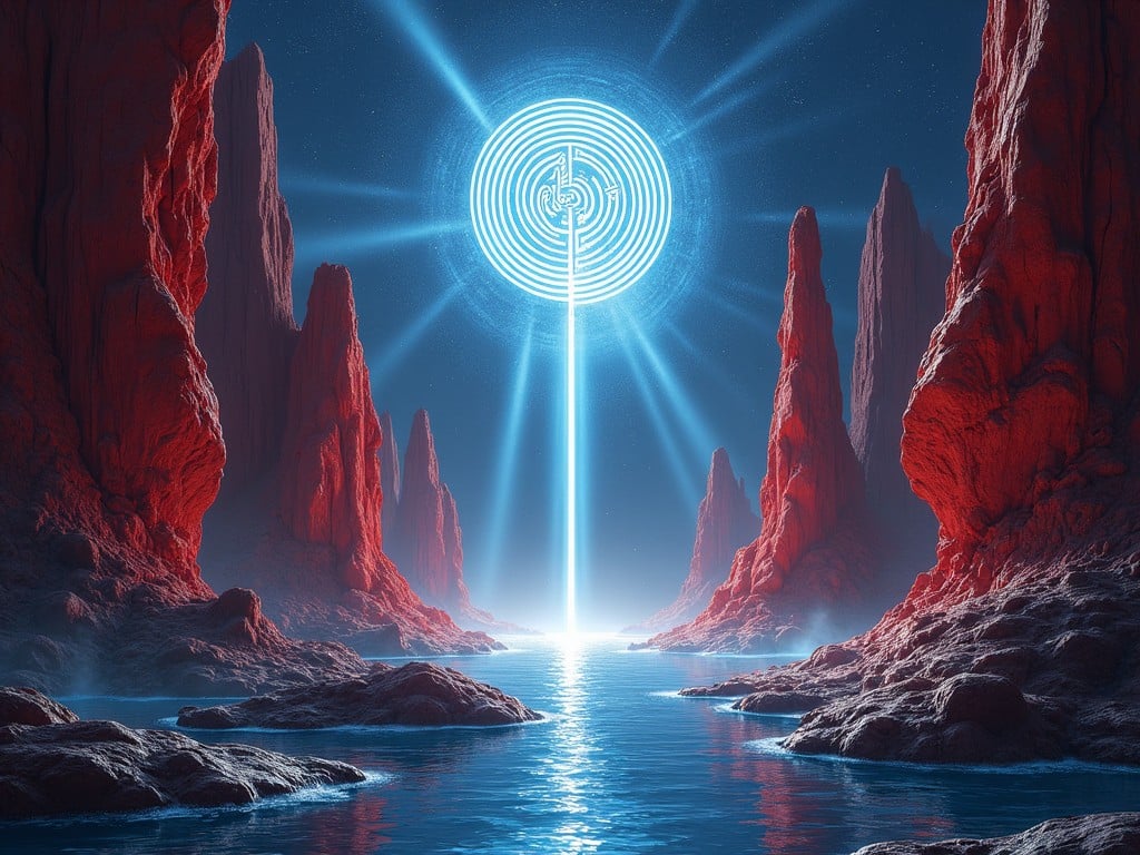 Imagine an interdimensional landscape, featuring a Sancta Sanctorum. Towering red rock formations rise majestically from a shimmering body of water. The dark blue sky reflects on the water's surface, enhancing the ethereal quality. At the center, a mysterious cult symbol shines brightly, encased in spirals, surrounded by striking rays of light. Below, rocky formations reminiscent of the famous Pillars of Creation contrast sharply against a cosmic backdrop, evoking feelings of wonder and trepidation.