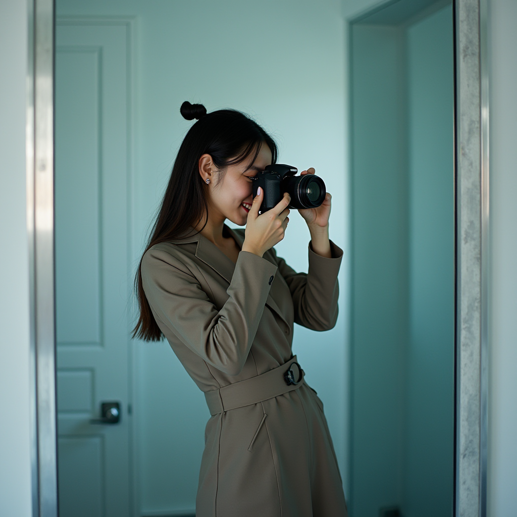 A person in a stylish outfit enthusiastically taking a photograph indoors.