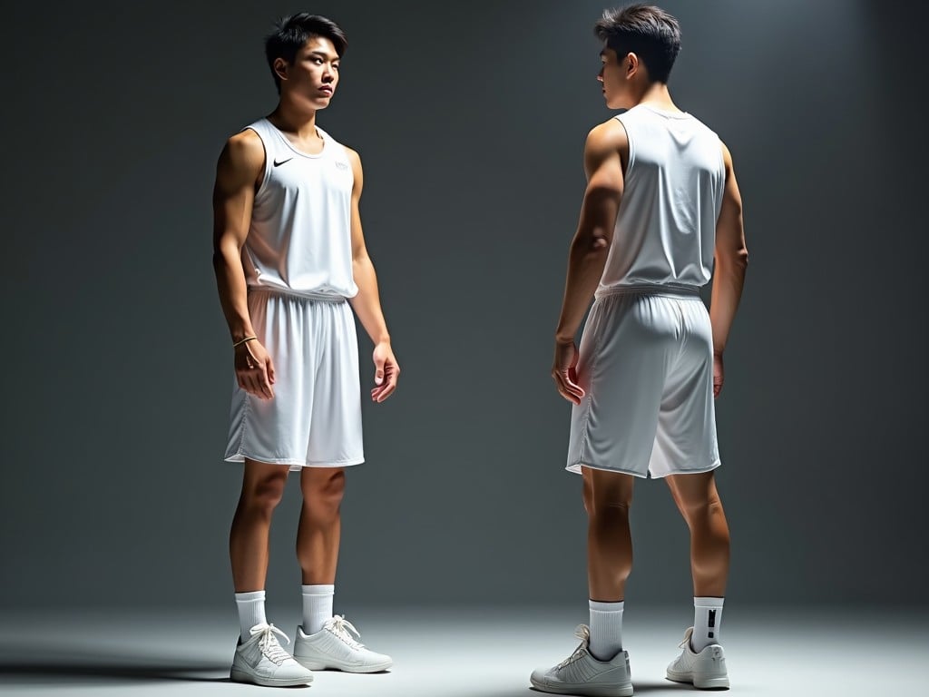 Two young men in sleeveless white sports attire, one facing forward and the other backward, standing under studio lighting.