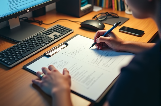 Person writing on a clipboard at a desk with a computer and stationery.