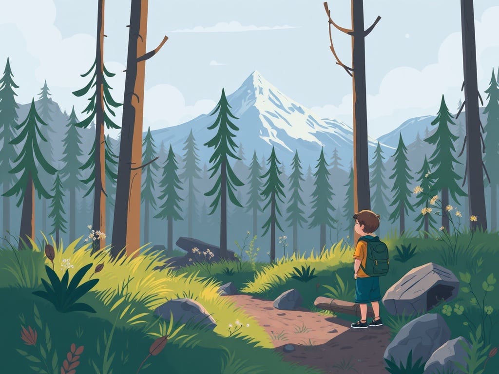 In a serene woodland setting, a young child stands on a dirt path gazing towards a majestic snow-capped mountain in the distance. The forest is lush with towering evergreen trees and vibrant undergrowth, evoking a sense of curiosity and exploration. The atmosphere suggests a tranquil and adventurous outing, inviting viewers to ponder the child's thoughts and aspirations.