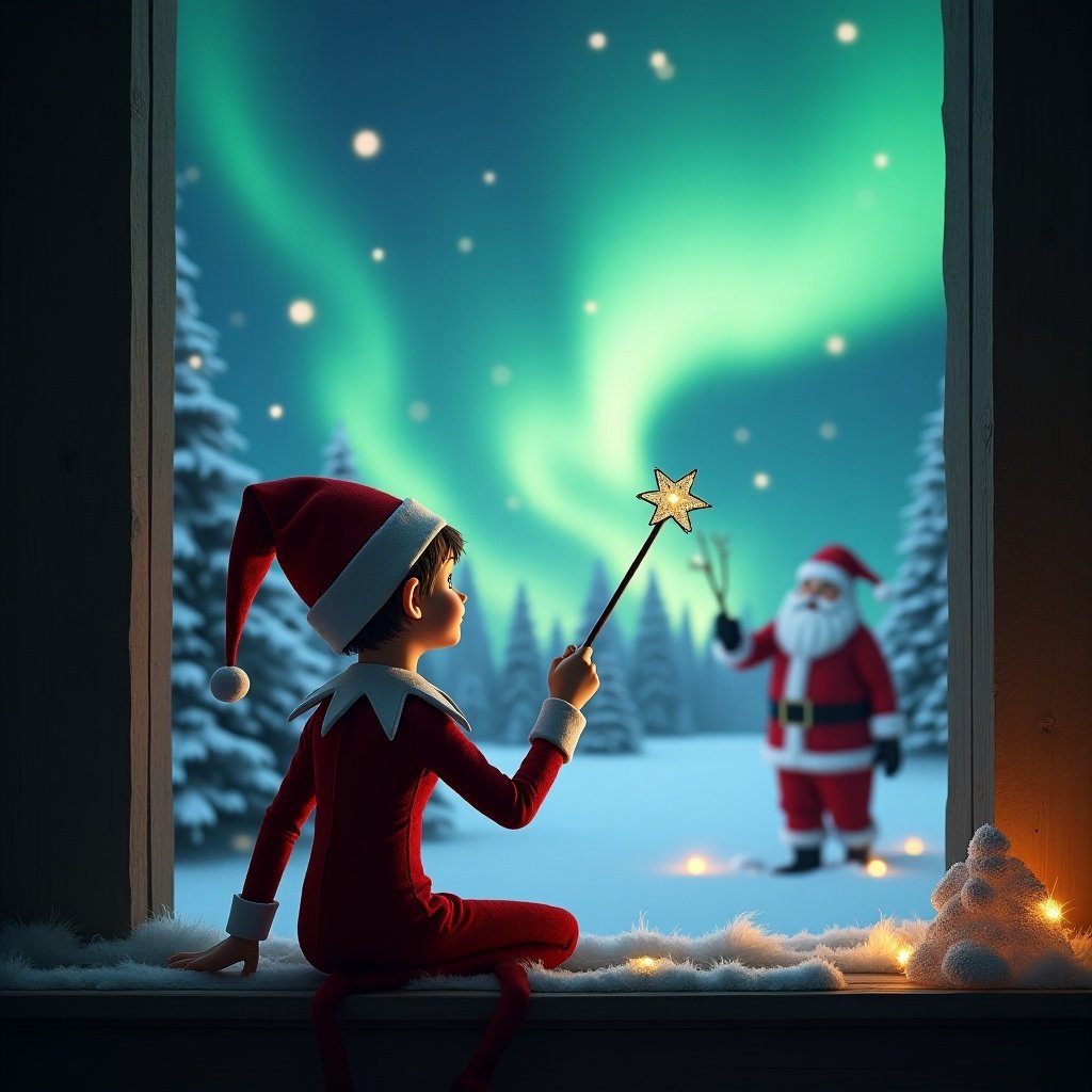 The image shows an elf on the shelf with his back to the viewer, facing a stunning sky filled with northern lights. The elf is holding a wand and seems to be writing the name 'Eastyn' in the air. In the background, Santa Claus is visible, creating a magical and festive atmosphere. Snowy trees surround the scene, and the warm glow from the cabin window adds to the holiday spirit. Overall, the image captures the essence of Christmas magic and wonder.