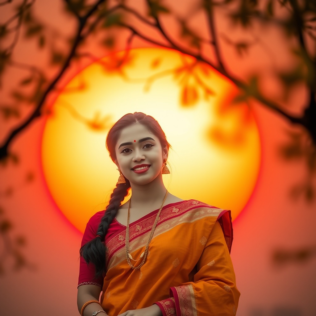 A woman in traditional attire smiles with a vibrant sunset in the background.