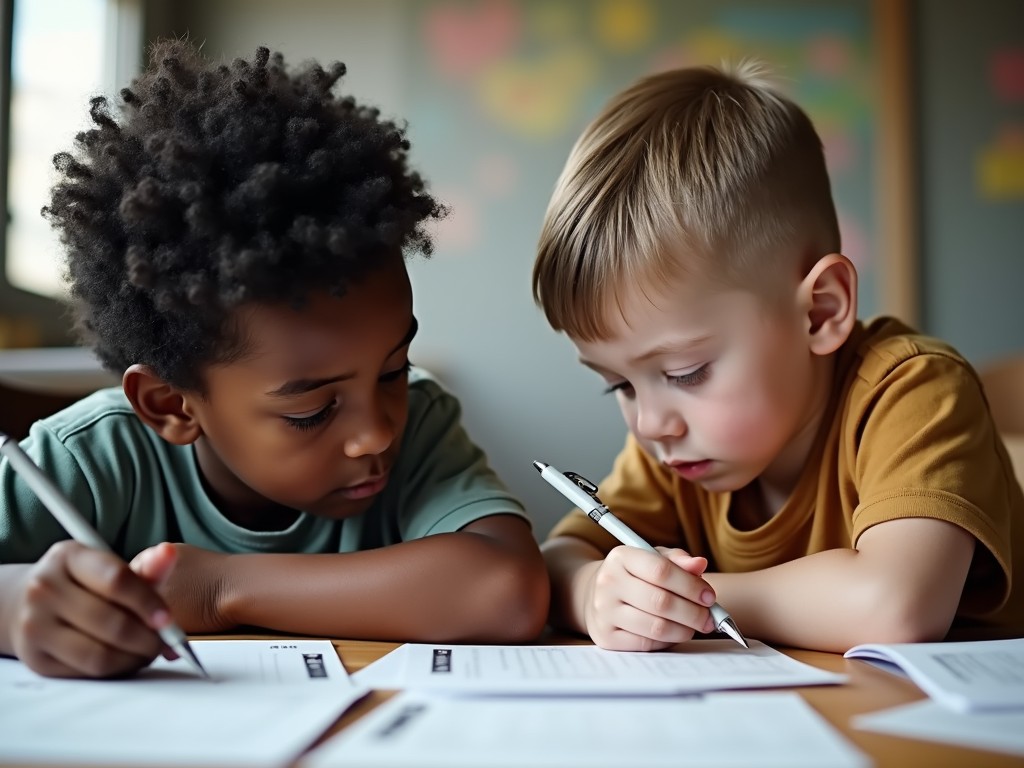 The image depicts two young children engrossed in writing, focused on their papers in a classroom setting. With natural lighting and soft colors, the image captures an intimate moment of learning and cooperation, as both children share a desk and what appears to be a captivating task. Their expressions convey concentration and subtle curiosity, highlighting the importance of childhood education.