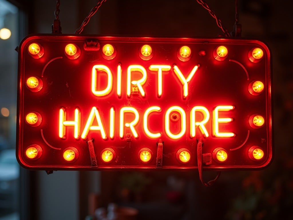 The image features a vintage neon sign that reads 'DIRTY HAIRCORE'. The sign is framed with a border of red and yellow bulbs that create a bright, inviting glow. The letters are large and prominently displayed, making the message clear. This type of signage is typical in hair salons or barbershops. The overall aesthetic evokes a sense of retro charm and vibrant energy. It would be perfect for marketing or advertising in the beauty industry.