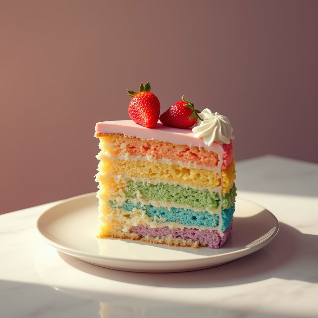 A slice of colorful layered cake with strawberries and cream on top, sitting on a white plate.