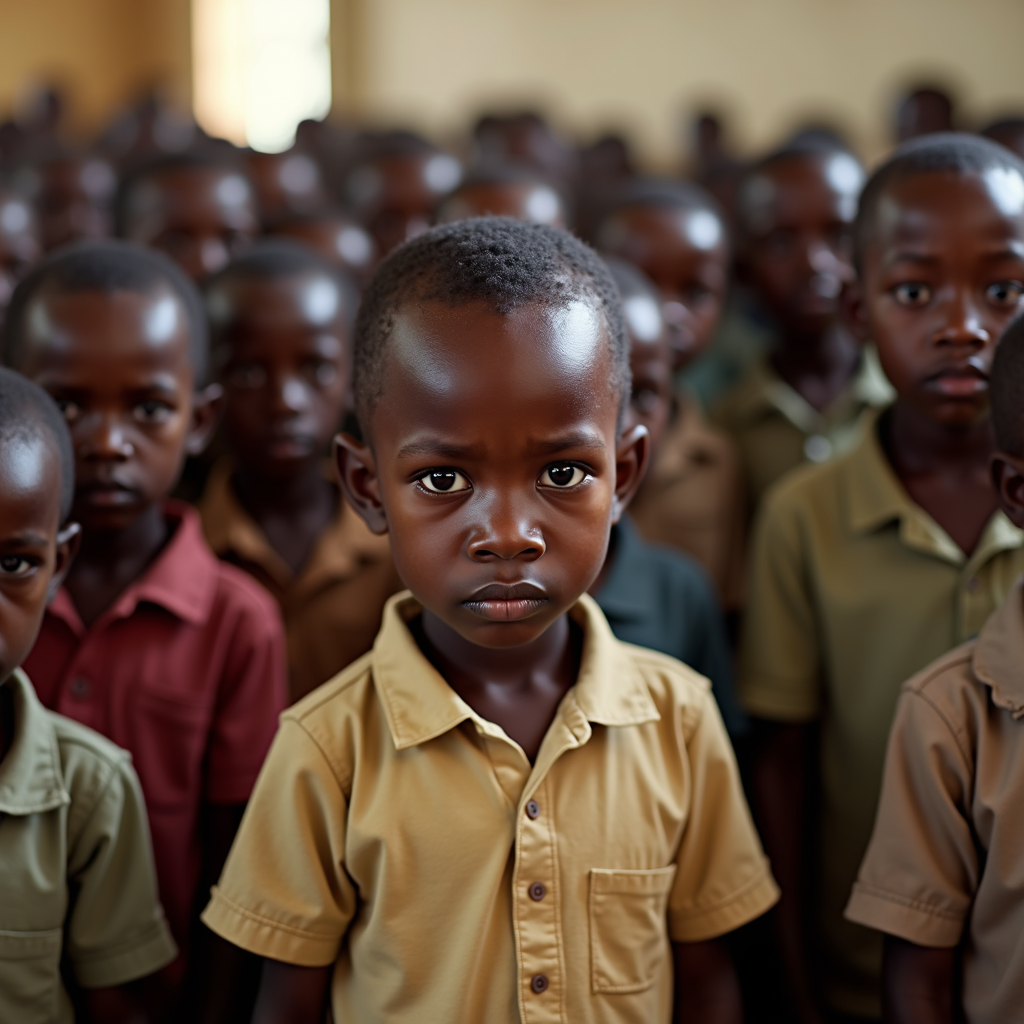 A group of children in school uniforms, with one child in focus wearing a tan shirt, surrounded by classmates in brown and green shirts.